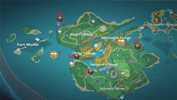 Genshin Impact Yashiori Island Lujoso cofre Guía Electro Seelie Espada Empuñadura Rompecabezas Texto perdido 1 Mapa