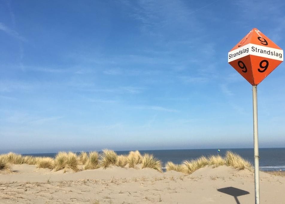 Una duna en la playa de Scheveningen con el océano Atlántico al fondo