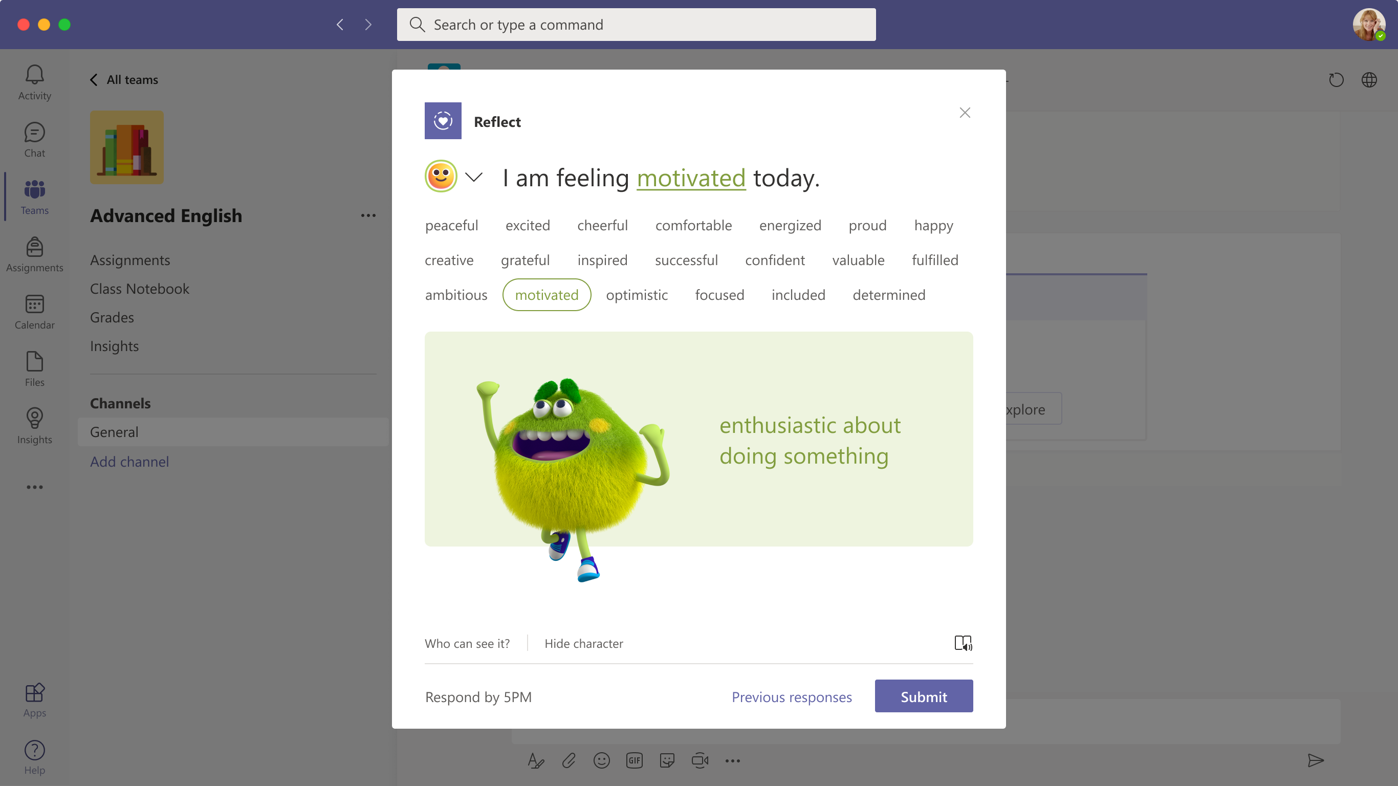 Una imagen de Reflect en Microsoft Teams for Education.