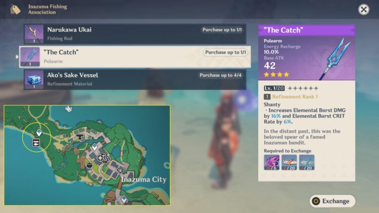 Genshin Impact The Catch Ako's Sake Vessel Cómo conseguir el Catch Polearm Blueprint Material de refinamiento Pez globo Pez globo amargo 1