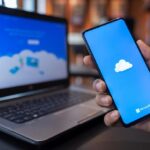 Hombre sujetando Xiaomi Mi Mix 3 con OneDrive en pantalla.  Microsoft OneDrive es un servicio de alojamiento de archivos que permite a los usuarios sincronizar archivos.