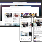 Una tableta que muestra la pantalla de inicio de Viva Learning y dos dispositivos móviles que muestran una versión móvil de