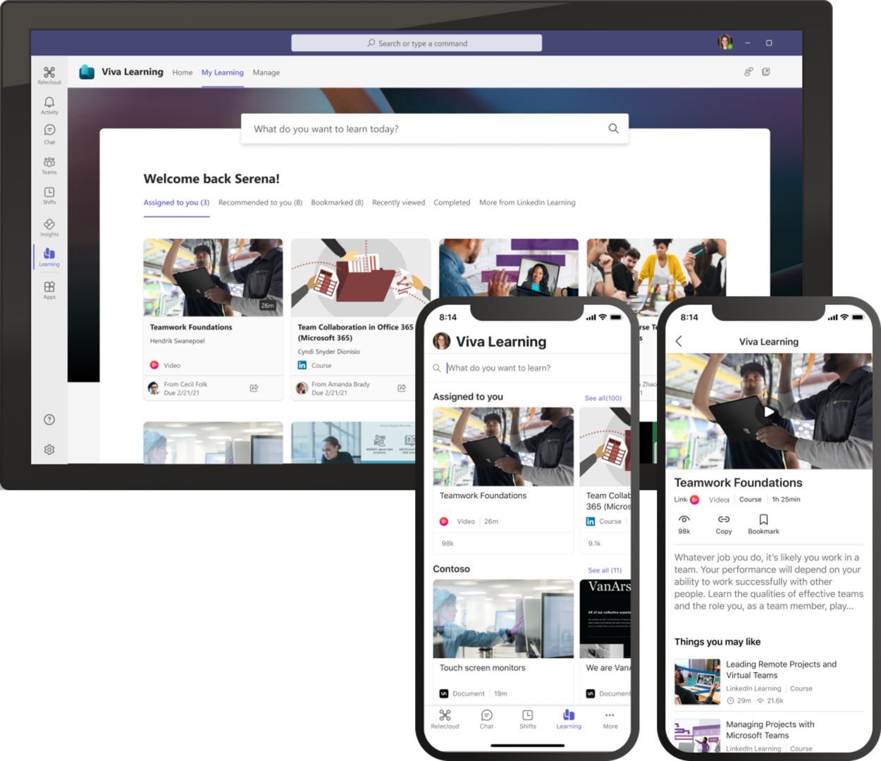 Una tableta que muestra la pantalla de inicio de Viva Learning y dos dispositivos móviles que muestran una versión móvil de