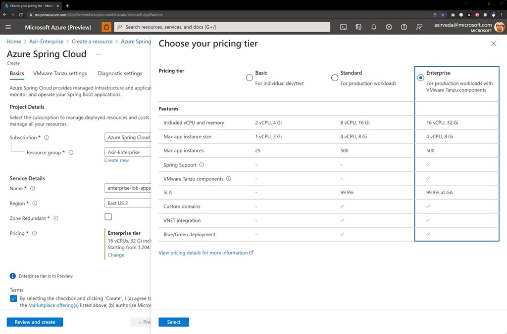 La selección de niveles de Azure Spring Cloud ahora incluye Enterprise