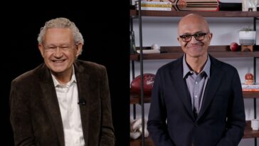 Imagen del Dr. Aart de Geus, presidente y codirector ejecutivo de Synopsys y Satya Nadella, presidente y director ejecutivo de Microsoft