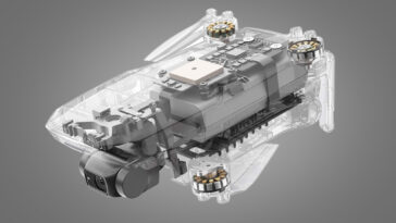 Una imagen recortada del dron DJI Mini 2 que muestra sus componentes internos