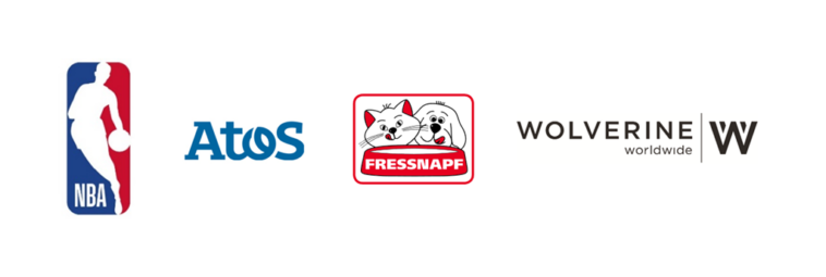Logotipos de la empresa que comienzan a la izquierda para la NBA, Atos, Fressnapf y Wolverine Wordwide.