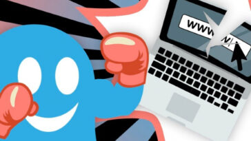 Una imagen de dibujos animados de un fantasma con guantes de boxeo luchando contra una computadora portátil