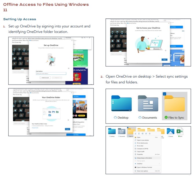 Demostración de los dos primeros pasos en el proceso de configuración del acceso sin conexión a los archivos: 1. Configuración de OneDrive 2. Selección de la configuración de sincronización de carpetas.