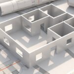 Planos de planos de edificios residenciales y modelo de casa.  ilustración 3d