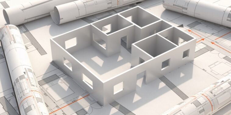 Planos de planos de edificios residenciales y modelo de casa.  ilustración 3d