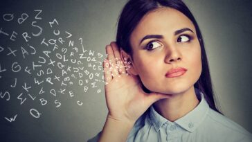 Conceptual images of a woman listening to a stream of abstract letters.