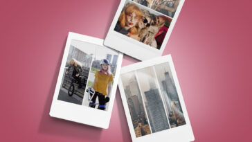 Tres fotos Fujifilm Instax Mini sobre un fondo rojo