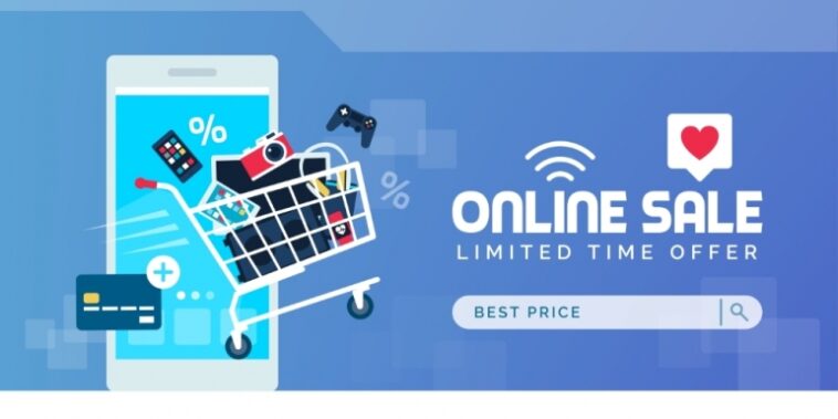 carrito de compras lleno de productos electrónicos y tecnología frente a un teléfono con el texto Venta en línea Oferta por tiempo limitado a la derecha