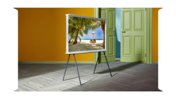 Samsung The Serif 2022 showing a picture of a beach paradise in an empty hallway