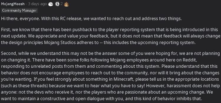 Minecraft Mojangmeesh Publicación de Reddit en el chat que informa sobre el acoso de los empleados