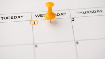 Foto de primer plano de la marca en el calendario el miércoles primero con chincheta amarilla con espacio vacío