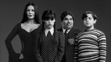 A black and white screenshot of the first image of the Addams Family for Netflix