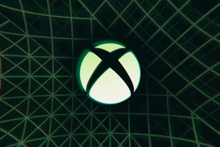 El logotipo de Xbox X en un círculo sobre un fondo oscuro con líneas verdes.