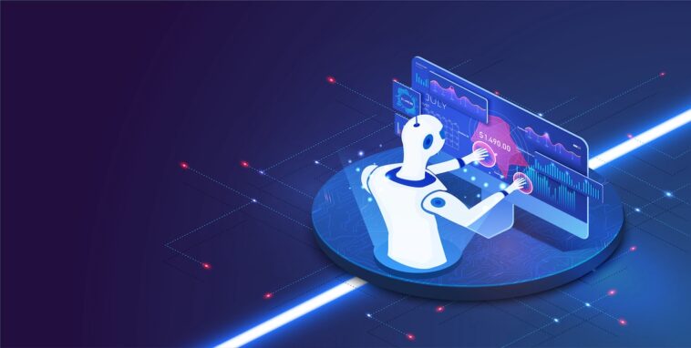 inteligencia artificial IA.  Tecnología para trabajar con una computadora cerebral inteligente.  Robot humano trabajando en una laptop.  Ingeniero de mantenimiento que trabaja con pantalla digital