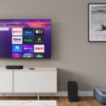 Living room with Roku TV, streambar, and wireless bass subwoofer