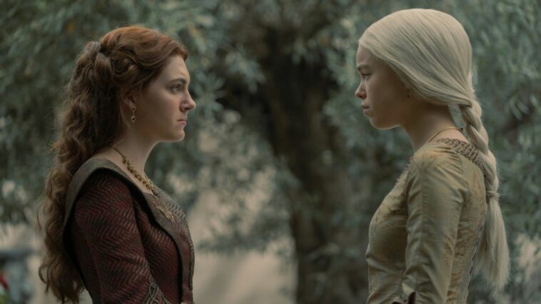 Princess Rhaenyra and Lady Alicent stare intently at one another in House of the Dragon episode 4