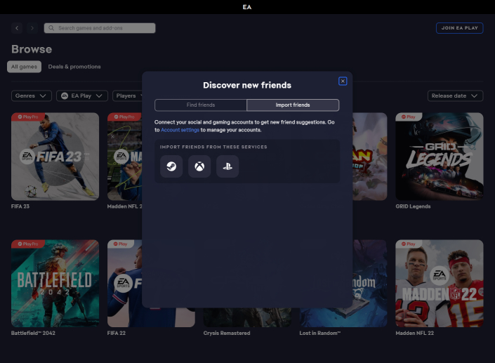 Nueva lista de amigos de Ea App Steam Playstation Xbox