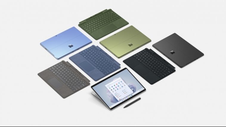 Dispositivos Surface Pro 9 en negro, azul, verde y gris