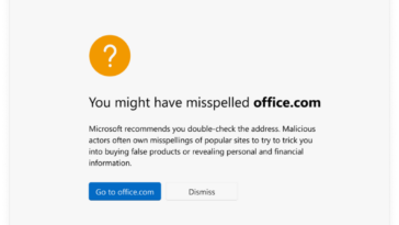 Una ventana del navegador Microsoft Edge navegando a "oficina.com," escrito incorrectamente con uno "F." El contenido de la página es una página de advertencia intersticial con el texto del encabezado "Puede que hayas escrito mal office.com" y botones para "Ir a office.com" o "Despedir."