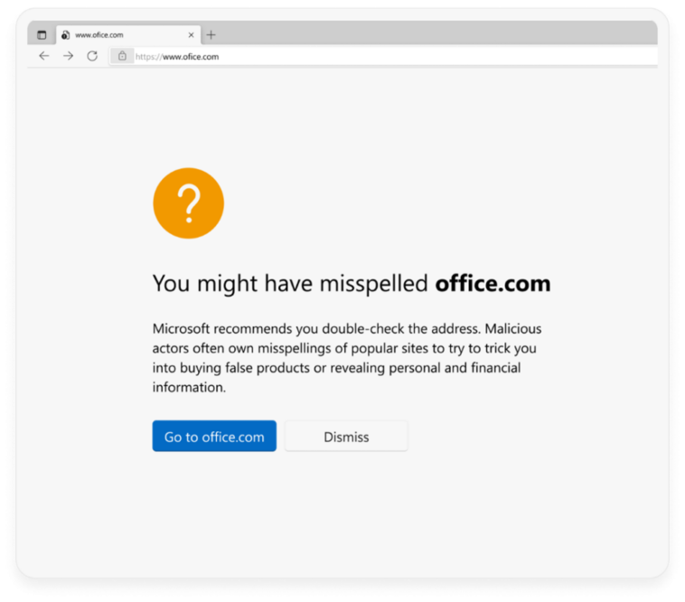 Una ventana del navegador Microsoft Edge navegando a "oficina.com," escrito incorrectamente con uno "F." El contenido de la página es una página de advertencia intersticial con el texto del encabezado "Puede que hayas escrito mal office.com" y botones para "Ir a office.com" o "Despedir."