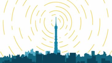 TV broadcast tower shown in center of urban area