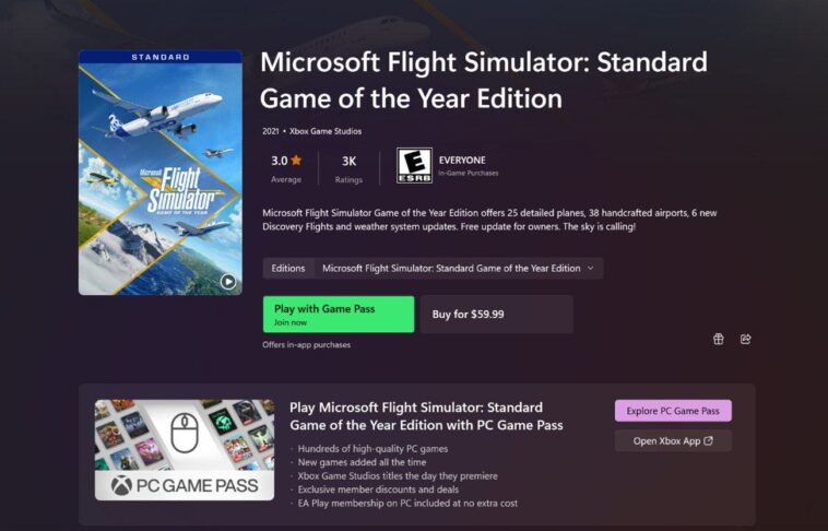 Actualizaciones de Microsoft Store que muestran nuevas opciones para comprar un juego o jugar en Game Pass.