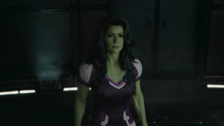 She-Hulk stares at KEVIN, who is off camera, in the Marvel TV show