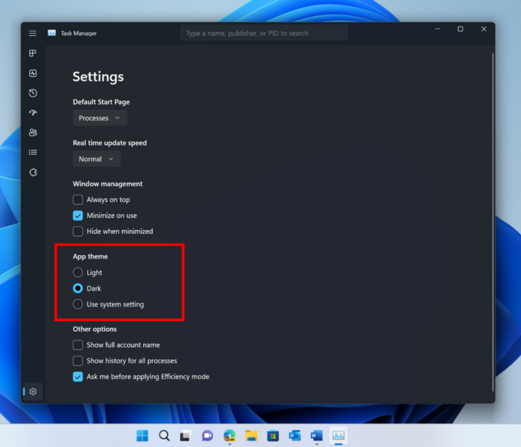 Una captura de pantalla del Administrador de tareas de Windows 11 con opciones para temas
