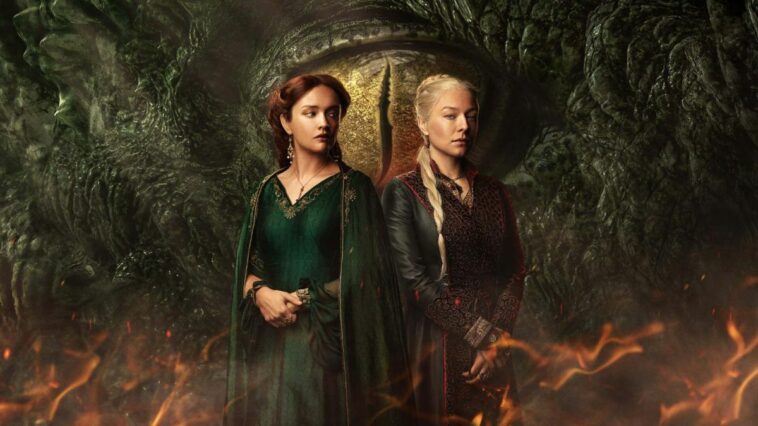 A promotional image for House of the Dragon, with Alicent Hightower and Rhaenyra Targaryen standing in front of a dragon