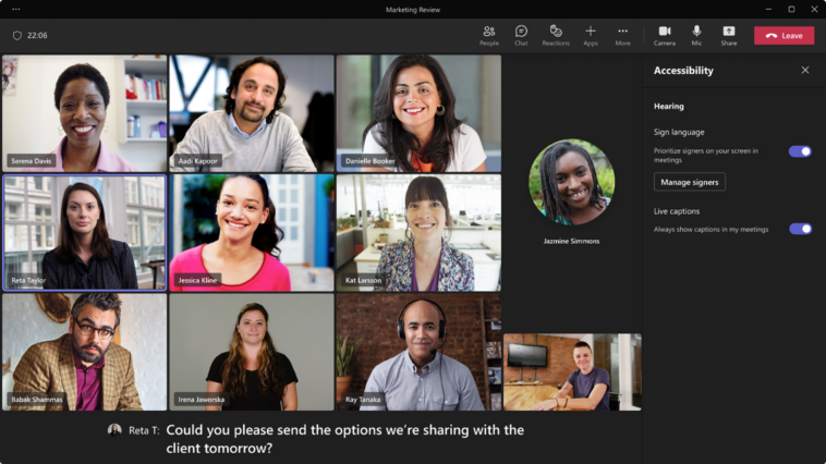 Una captura de pantalla del nuevo panel de preferencias de accesibilidad de Microsoft Teams, que muestra alternancias para la vista de lenguaje de señas y subtítulos en vivo.