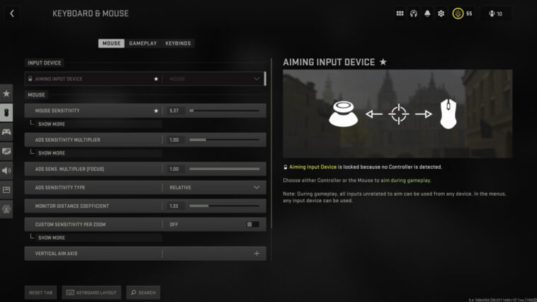 Menú de configuración de teclado y mouse de Modern Warfare 2