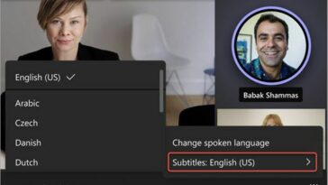 Una reunión de Microsoft Teams que muestra un cuadro de subtítulos que enumera los idiomas disponibles para la transcripción y traducción.