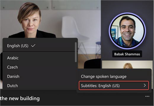 Una reunión de Microsoft Teams que muestra un cuadro de subtítulos que enumera los idiomas disponibles para la transcripción y traducción.