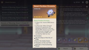 Genshin Impact Wanderer Scaramouche Mejores artefactos Pabellón del desierto Chronicle Viridescent Venerer Retracing Bolide 1