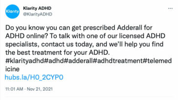 Klarity ADHD Tweet publicidad obtener Adderall para ADHD recetado en línea