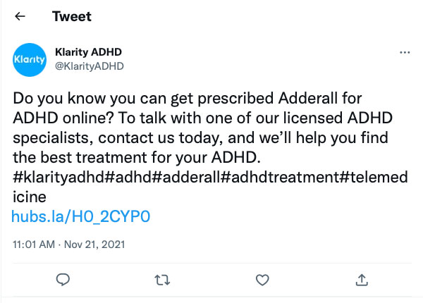 Klarity ADHD Tweet publicidad obtener Adderall para ADHD recetado en línea