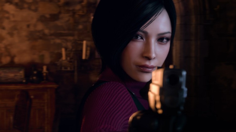 Ada Wong apuntando con un arma a Leon