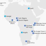 Mapa que muestra África, con puntos en Senegal, Egipto, Ghana, Nigeria, Kenia, República Democrática del Congo, Angola, Malawi, Mozambique y Sudáfrica.