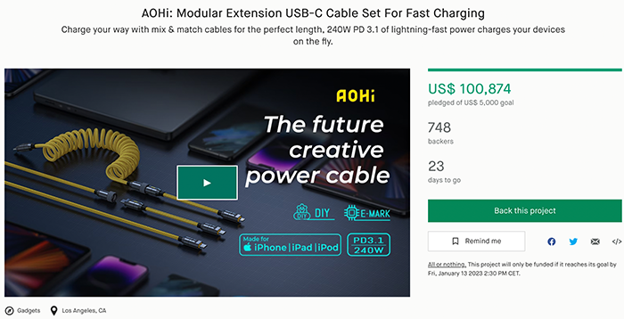 Aohi lanzó este conjunto de cables USB-C de extensión modular para carga rápida