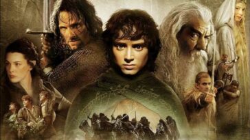 A promotional image for The Fellowship of the Ring, which shows the film