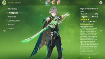 Genshin Impact Alhaitham Guía de las mejores armas Luz de incisión foliar Picadura de hierro Toukabou Shigure Harbinger Of Dawn 1