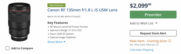Canon dice que el RF135mm F1.8 L IS USM se lanzará a partir del 26 de enero.