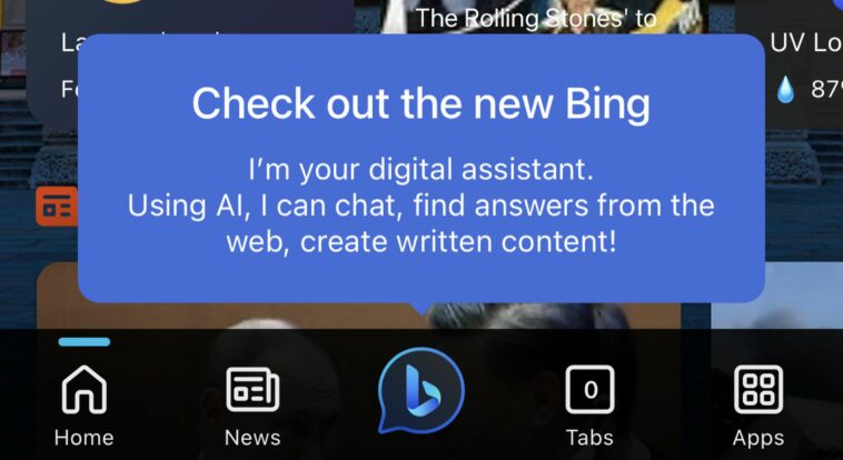 Una captura de pantalla de la aplicación móvil de Bing que dice