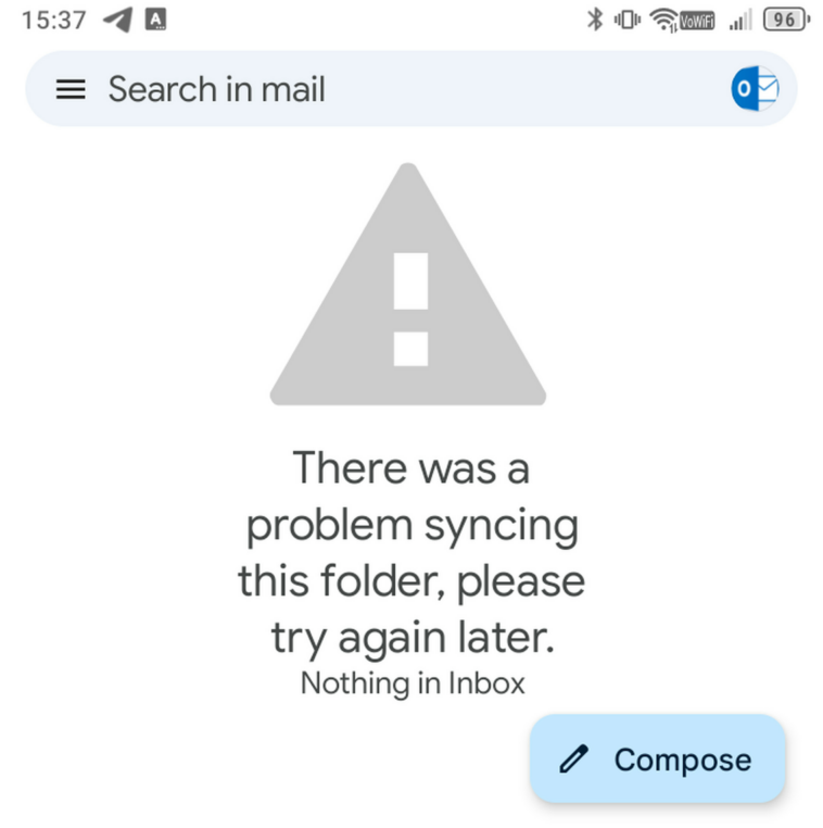 Captura de pantalla que muestra un mensaje de error con un signo de exclamación y el texto: “Hubo un problema al sincronizar esta carpeta, inténtelo de nuevo más tarde.  Nada en la bandeja de entrada.
